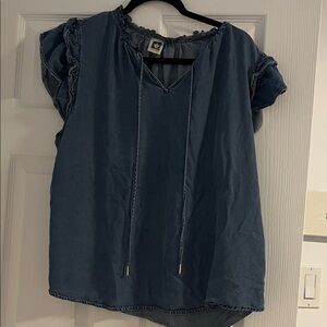 Anne Klein Blue Denim Blouse with Ruffled Sleeves